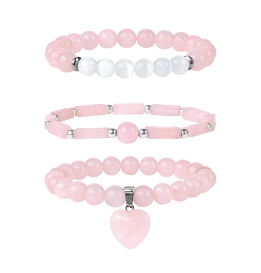 3 Piece Rose Quartz Healing Bracelet w/Moonstone