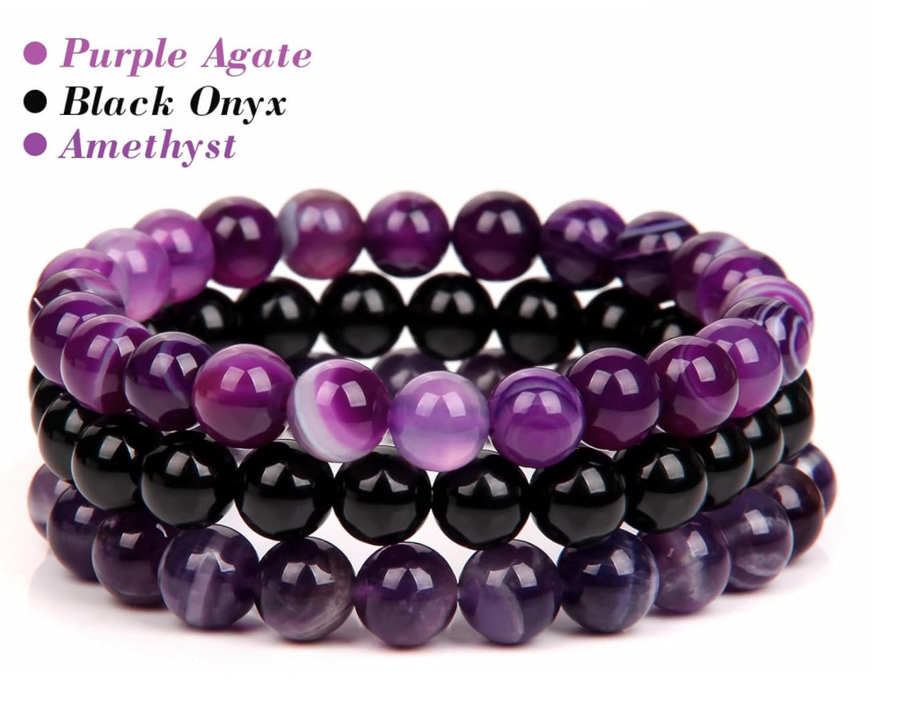 3 Piece Purple Agate Healing Crystal Bracelet Set