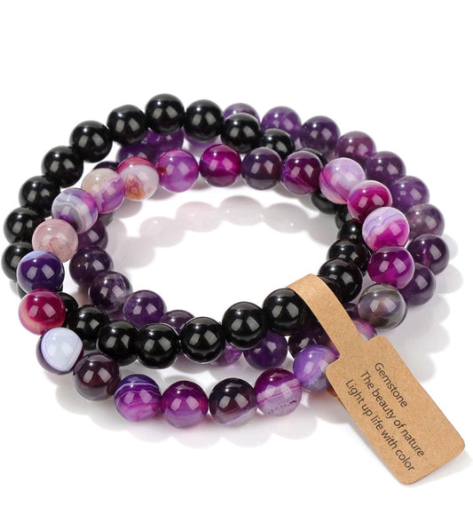 3 Piece Purple Agate Healing Crystal Bracelet Set